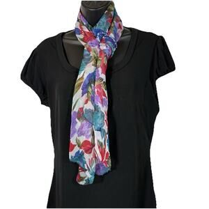 Long Scarf Colorful Floral Print Sheer Chiffon Floral 14” x 60” Bold Blue Red